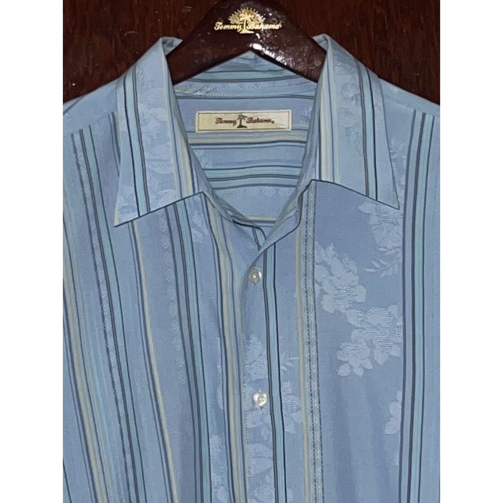 TOMMY BAHAMA BLUE STRIPED TEXTURED FLORAL COTTON SILK L/S SHIRT SIZE L